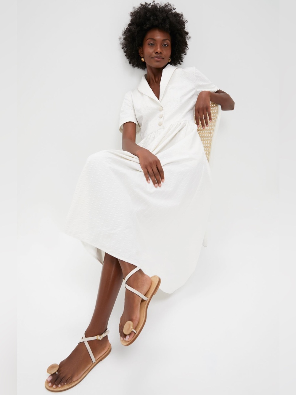 Tuckernuck White Seersucker Shawl Collar Adelaide Midi Dress Cotton Size M - Picture 3 of 9